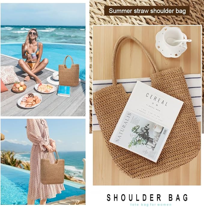 Straw Beach Bags for Women Woven Beach Tote Bag Casual Boho Large Shoulder - Image 5