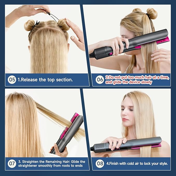 Hair Straightener – 2 in 1 Wet to Dry Air Straightener with High-Speed Ionic Airflow, Straightens Using air, No Heat Damage, Smart Temperature Control for Medium to Long Hair (35-75cm) (Gray)