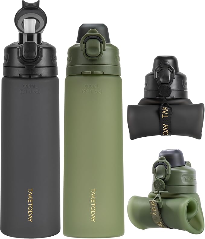 TakeToday Collapsible Water Bottles 20oz, Leak Proof, Foldable Silicone Travel by TAKETODAY