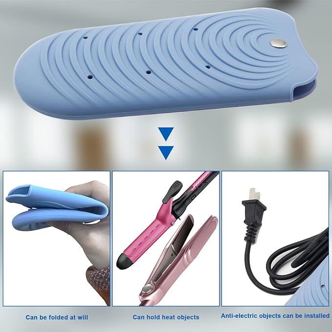 Heat Insulating Silicone Mat Pouch for Hair Styling Tools, Curling & Flat Irons Anti-Slip Travel Cover, Small Portable Straightener Pad for Curler Wands Storage, Hot Waver (Blue)