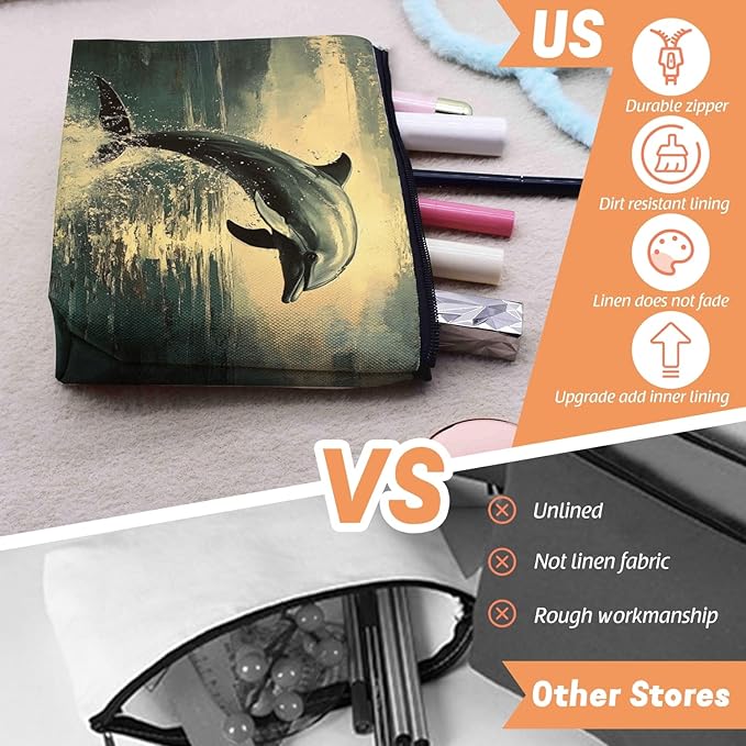 Cosmetic Bags Travel Makeup Toilet Case Waterproof Pouch for Women Girls 6.7X9.45inches - Dolphin Leaping in A Vintage - Styled Sea - Sky Scene