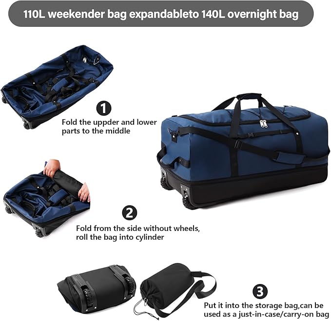 Rolling Duffle Bag with Wheels, 110L/140L Expandable Soft-Sided Foldable Duffle - Image 5