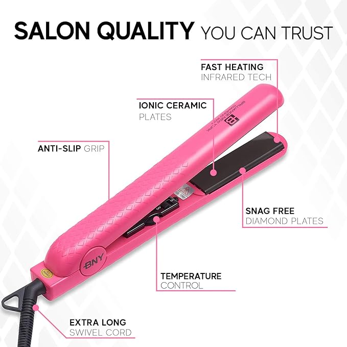 Brilliance New York - 1.25 Inch Diamond Ceramic Flat Iron - Frizz-Free and Anti-Static Ionic Plates - Dual Voltage Flat Iron for Travel