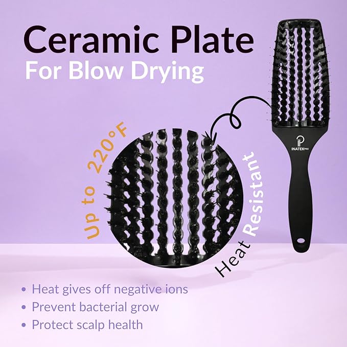 Curved Vented for Blow Drying - Boar Bristle Brush (Medium) with Comfortable Handle - Soft Bristle Brush for Thick and Fine Hair - Natural Boar Bristles for Women, Men & Kids - Black