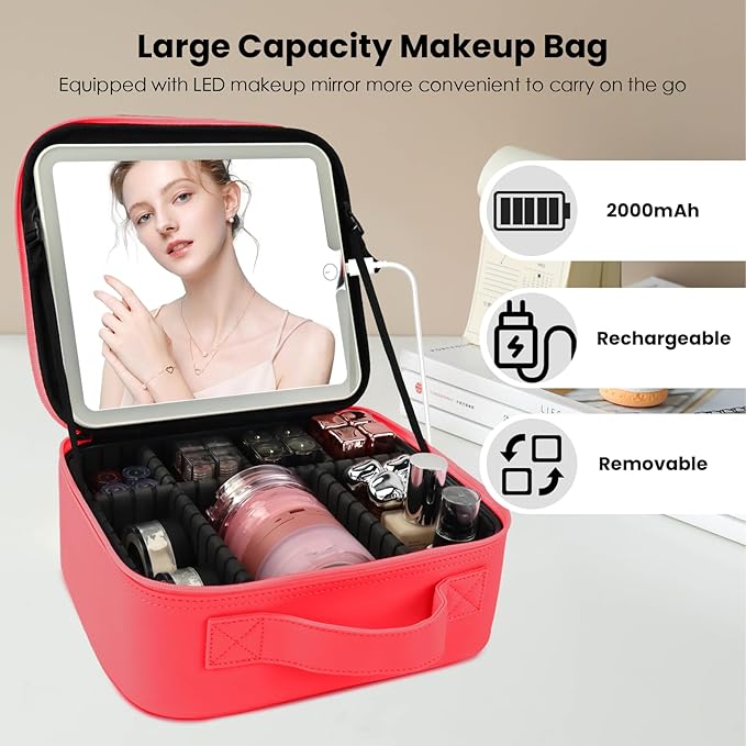 Travel Makeup Bag with LED Mirror and Light Makeup Travel Bag Organizer - Image 3