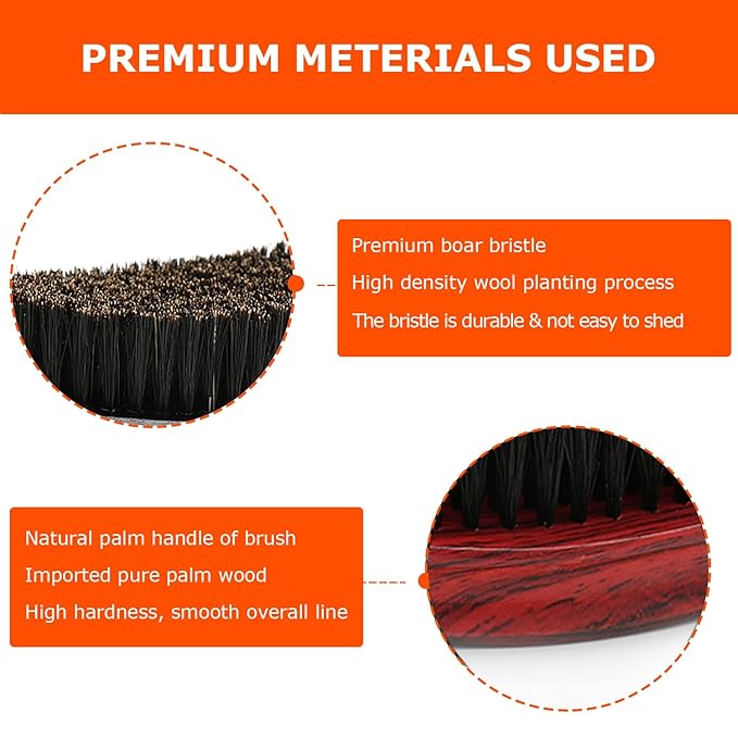 Curved Wave Brush for Men 360, Medium Hard Palm Hair Brushes with Boar Bristles for Black Hair Wavers to Creating 360 Waves (Red)