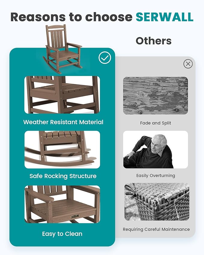 SERWALL Outdoor Rocking Chair, HDPE Patio Rocking Chair All-Weather Porch Rocker - Image 6