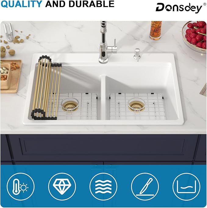 33 Inch Quartz Drop In White Kitchen Sink-Donsdey Double Bowl Topmount Granite - Image 8