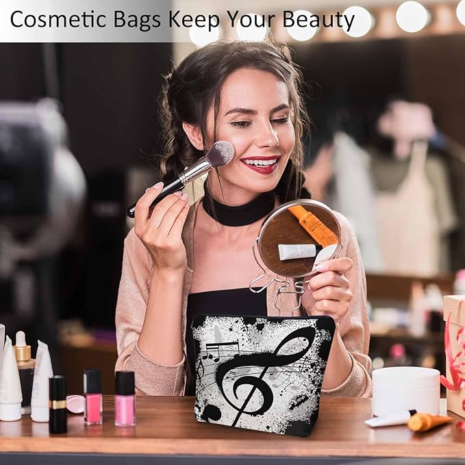 Music Notes Makeup Organizer Bag Cosmetic Bag For Men Women, Grunge Musical Notes Melody Black Travel Toiletry Bag Flax Makeup Bags Purse Business Makeup Pouch For Toiletries Cosmetics