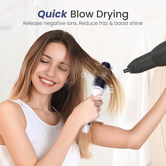 AIMIKE Nano Ionic Tech Small Round Brush, Ceramic Brush for Blow Drying, Styling and Boosting Volume, Natural Wood Handle - 1.4 Inch/35mm