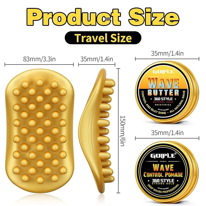 Hair Twist Sponge Brush Twist Styler Comb for Black Men - Washable Afro Curl Sponge Racket for Barbers & Daily Use, Ideal for Coiled, 4C Hair - Wave Pomade Butter Rubber Large Tooth Brush Set (Gold)