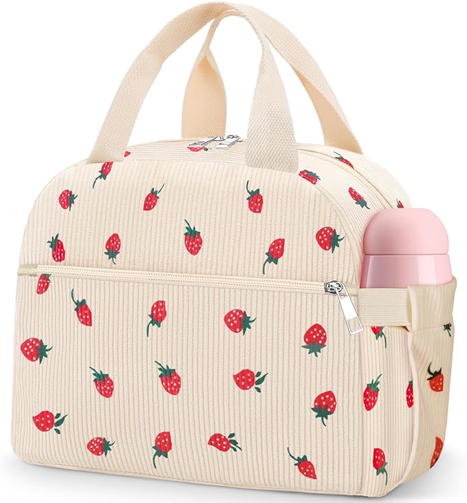 Lunch Bag Lunch Box for Women Adults Men, Cute Strawberry Corduroy Insulated by KUBYA