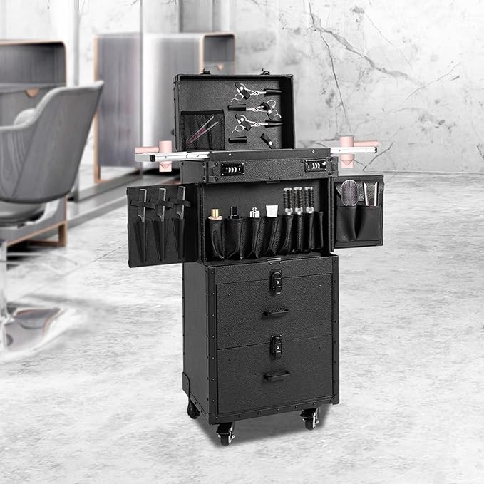 Large Capacity Cosmetic Train Case, Lockable Makeup Train Case with 4 Universal Casters, 32.28 Inch Tall Travel Organizer Tool Box for Barber Stores Beauty Stores Nail Salons