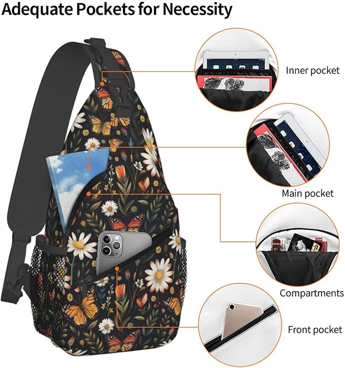 SUPLUCHOM Sling Bag Vintage Butterfly Daisy Leaf Hiking Daypack Crossbody - Image 4