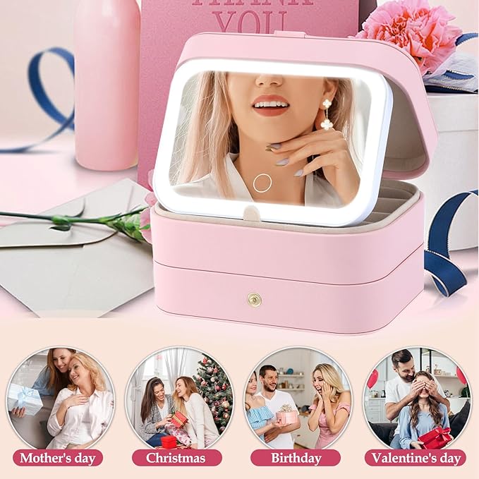 Travel Jewelry Case with LED Lighted Mirror, Personalized Birthday Gifts - Image 7