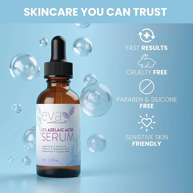 Eva Naturals Azelaic Acid Skincare Serum for Face – Facial Treatment with Niacinamide & Hyaluronic Acid Formula for Redness Soothing, Acne Breakouts, Uneven Skin Texture, Fragrance Free (1 Fl Oz)