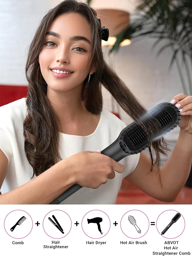 Hair Straightener Brush with Air Vents, ABVOT All in 1 Hot Air Straightening Comb for Black Women, Dual Voltage, Auto Shut Off, Anti Scald Shell, Fast Heat Up, for Curly Hair | Black