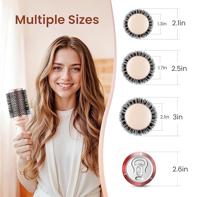 AIMIKE Round Brush for Blow out, Rose Luxe Round Hair Brush Ionic & Nano Thermal Ceramic Tech, for Blow Drying & Styling Volumizing Long Hair, with 4 Clips (Barrel 2.1", Bristle 3")