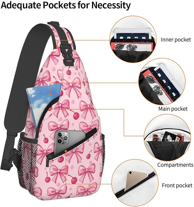 SUPLUCHOM Sling Bag Pink Bows Cherry Hiking Daypack Crossbody Shoulder Backpack - Image 4