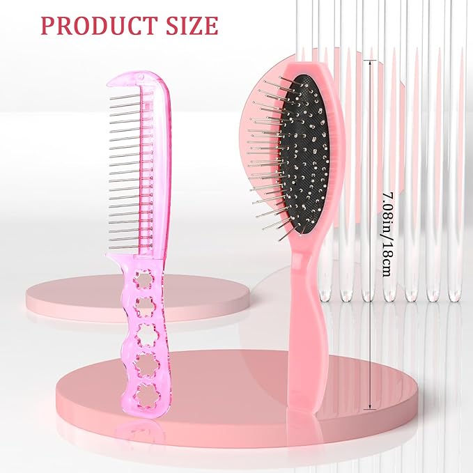2 PCS Wig Brush Set - Stainless Steel Metal Bristle Comb and Cushion Detangling Brush for Hair Extensions, Wigs, and Wet Hair (Pink)