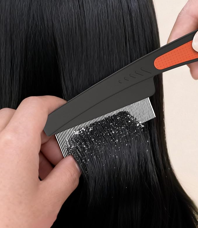 Dandruff Comb Fine Tooth Scalp Detox Comb Lice for Women, Men & Kids Stainless Steel Scalp Detoxing, Sweep & Massage Hair Brush Tool for Hair Care (Brown+Red)