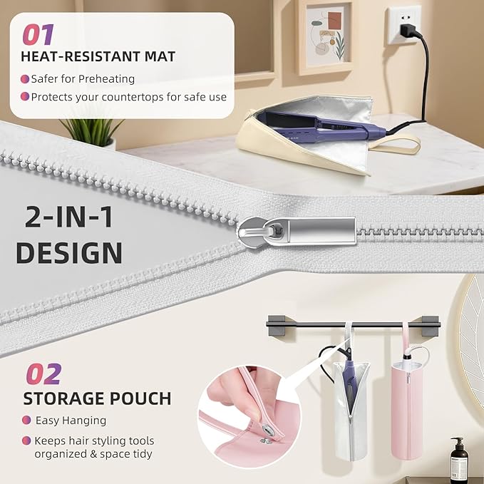 2-in-1 Heat Resistant Mat & Bag for Hair Styling Tools, Hanging Curling Iron Holder Flat Iron Holder with Zip, Portable Hot Hair Tools Travel Bag, Hair Straightener Mat Pouch for Countertop