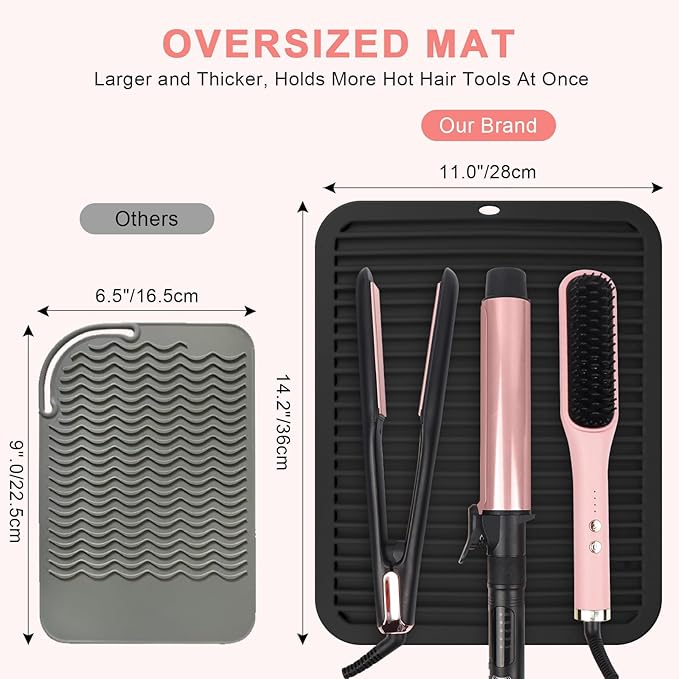 Oversize Silicone Heat Resistant Mat, Professional Hot Hair Tools Mat for Curling Iron, Flat Iron, Hair Straightener, Portable Hot Pad Cover with Velcro for Travel Home Salon(14.2" x 11.0")
