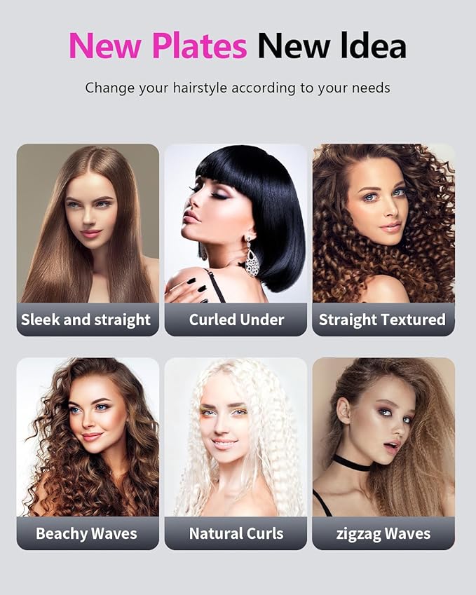 Hair Crimper Waver, Professional Hair Straightener Beach Waves Curling with 4 Interchangeable Ceramic Plates | Auto Temp Control for All Hair Types | Quick Heat Wide Plate Styling Tool & Straightener