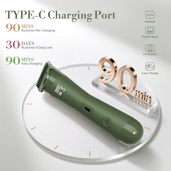 Flyant Bikini Trimmer for Women, 2 in 1 Electric Shaver for Women, Pubic Hair Trimmer Waterproof IPX7 with Led Display for Leg Arm Underarm Bikini Area, Pull Bows Gift Box for Friends (Dark Green)