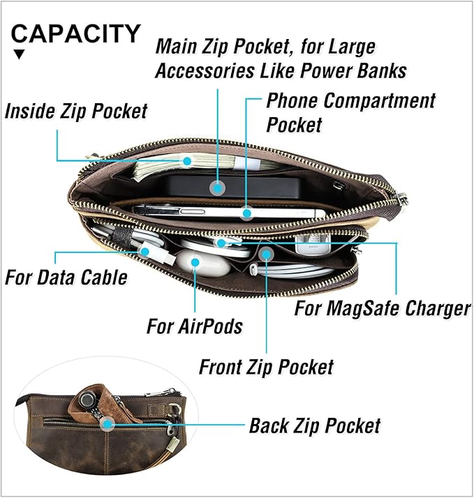 Electronic Organizer Zipper Bag Tech Kit, Top Grain Leather Handmade, Portable - Image 5
