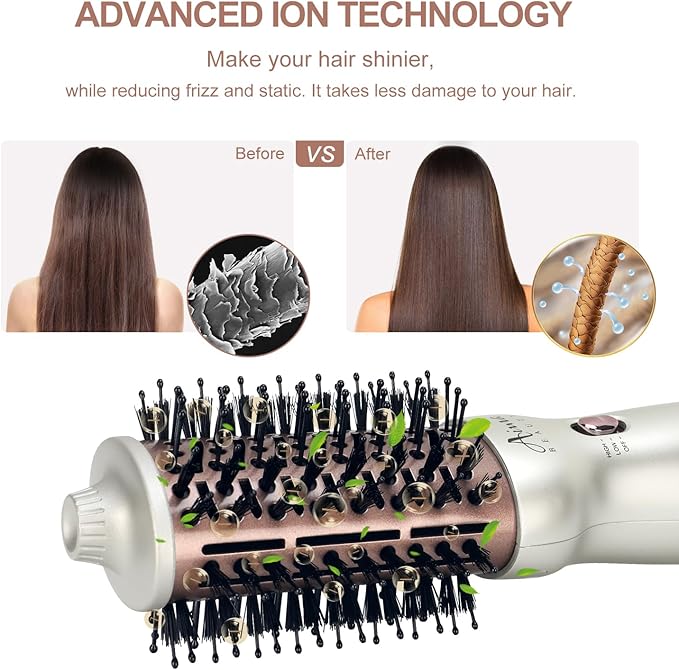Aima Beauty 4 in 1 Worldwide Travel Hot Air Brush Dual Voltage Blowout Brush Oval Shape 110V-120V/220V-240V Straightener Blow Dryer Brush Ionic Lock Moisture Gift 360° Swivel Cord Champagne Silver