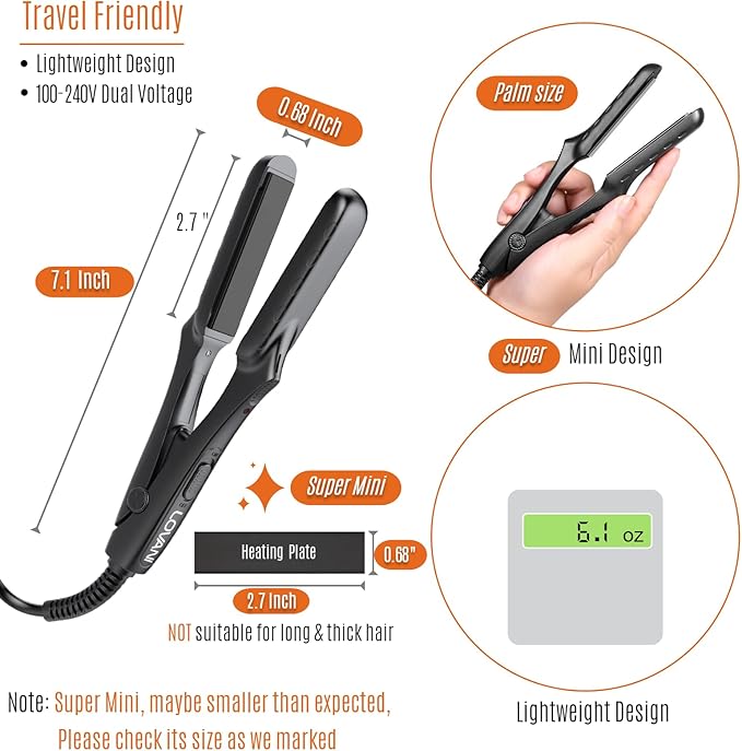 LOVANI Mini Flat Iron 0.5 inch, Dual Voltage Travel Hair Straightener for Short to Medium Hair & Bangs, Small Size Ceramic Tourmaline 3D Floating Plates, Heat‑Resistant Pouch Included