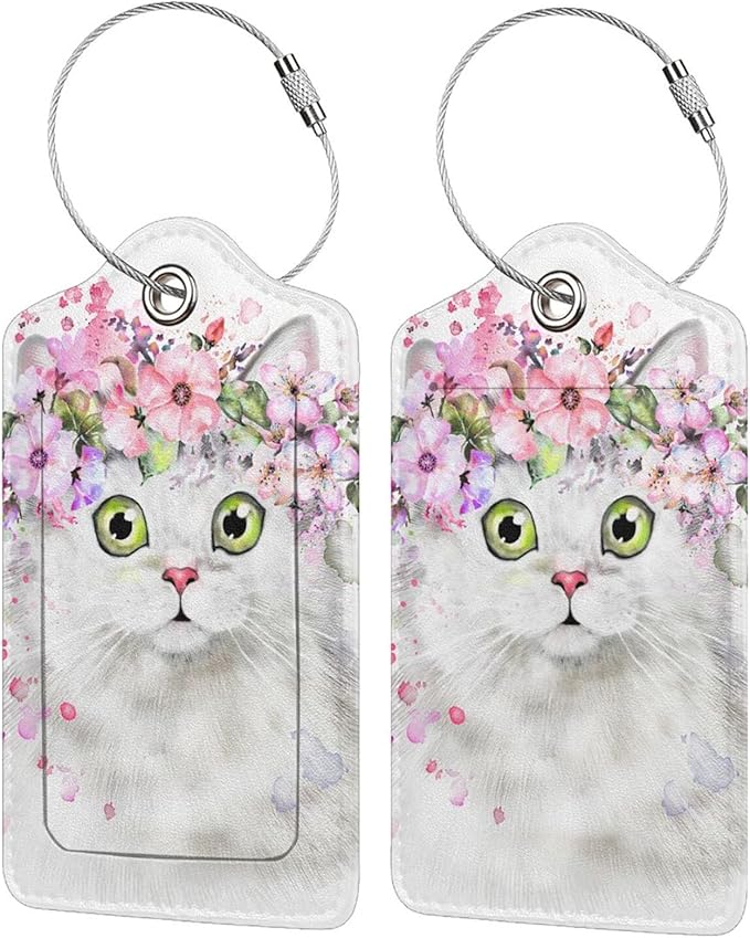 2 Pcs Cute White Cat with Pink Flowers Pattern Leather Luggage Tags, Funny by SNAPMADE