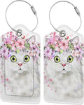 2 Pcs Cute White Cat with Pink Flowers Pattern Leather Luggage Tags, Funny by SNAPMADE