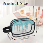 Custom Transparent Travel Toiletry Bag for Women, PVC Large Makeup Bag, Cosmetic Bag, Comestic Essentials for Women, Water Flow Shape Aqua Blue Shiny Glittering