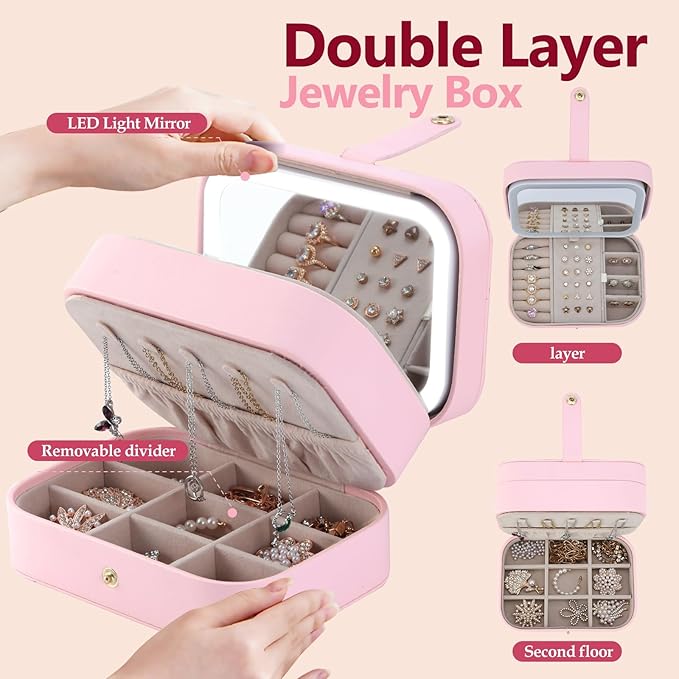 Travel Jewelry Case with LED Lighted Mirror, Personalized Birthday Gifts - Image 2