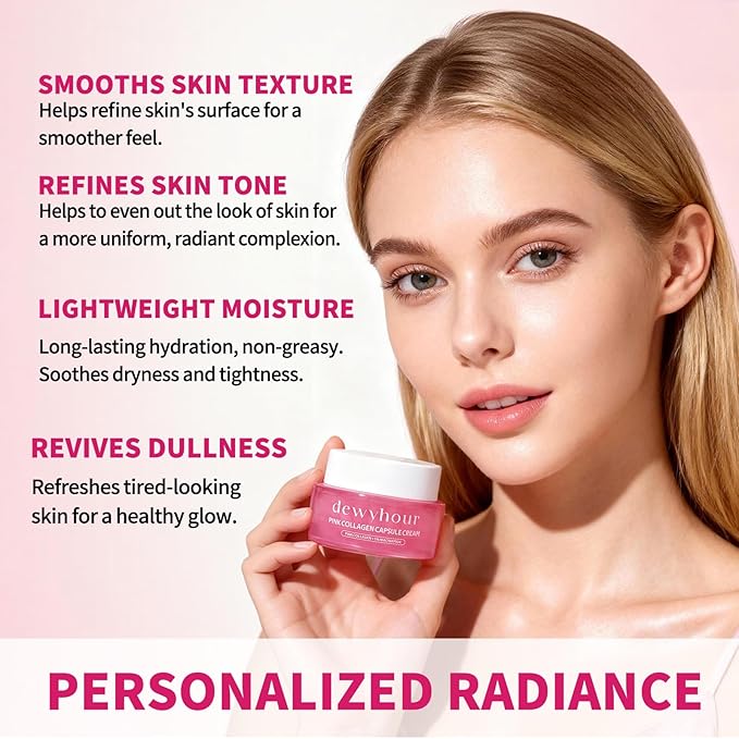 dewyhour Pink Collagen Capsule Face Cream, Lightweight Face Moisturizer, Smoothing & Firming, Brightening Glow, Improves Appearance of Uneven Tone, Korean Skincare, For Dry Skin