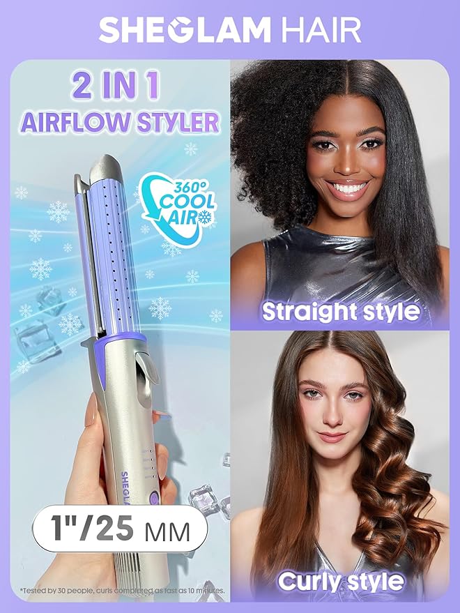 SHEGLAM Hair Cool Lock Airflow Styler, 360° Airflow Styler Curling Iron, Hair Curler with Cooling Air Vents to Lock in Style, 4 Adjustable Temp, Dual Voltage, Fast Straightening