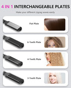 Hair Crimper Waver, Professional Hair Straightener Beach Waves Curling with 4 Interchangeable Ceramic Plates | Auto Temp Control for All Hair Types | Quick Heat Wide Plate Styling Tool & Straightener