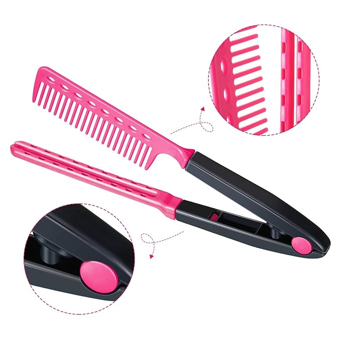 EasyGlide-V Hair Straightener and Detangler - Rat Tail Style V-Comb for Sectioning, Flat Ironing, Blow Drying, Keratin Comb for Tangled Hair, Spring Grip, Heat Resistant (Pink)