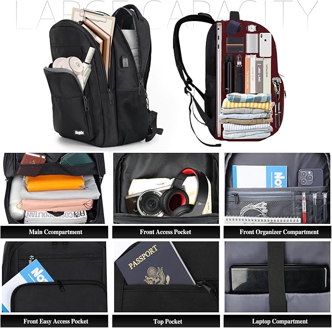 Black Backpack for Men Women, School Backpack for Boys Girls Teens, 15.6 Inch - Image 2