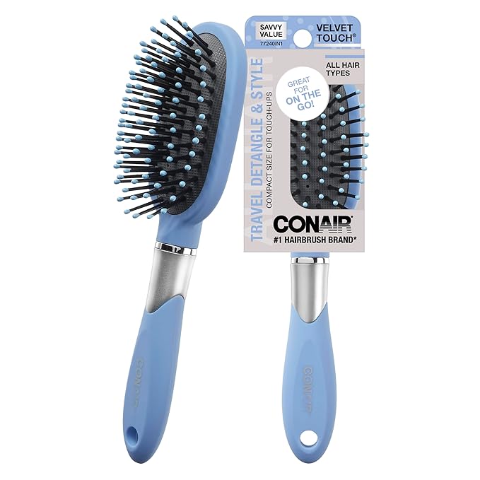 Conair Velvet Touch oval cushion hair brush - Travel Hairbrush- Detangling - ideal for curly or straight styles - detangler brushes - women or men - Sky Blue