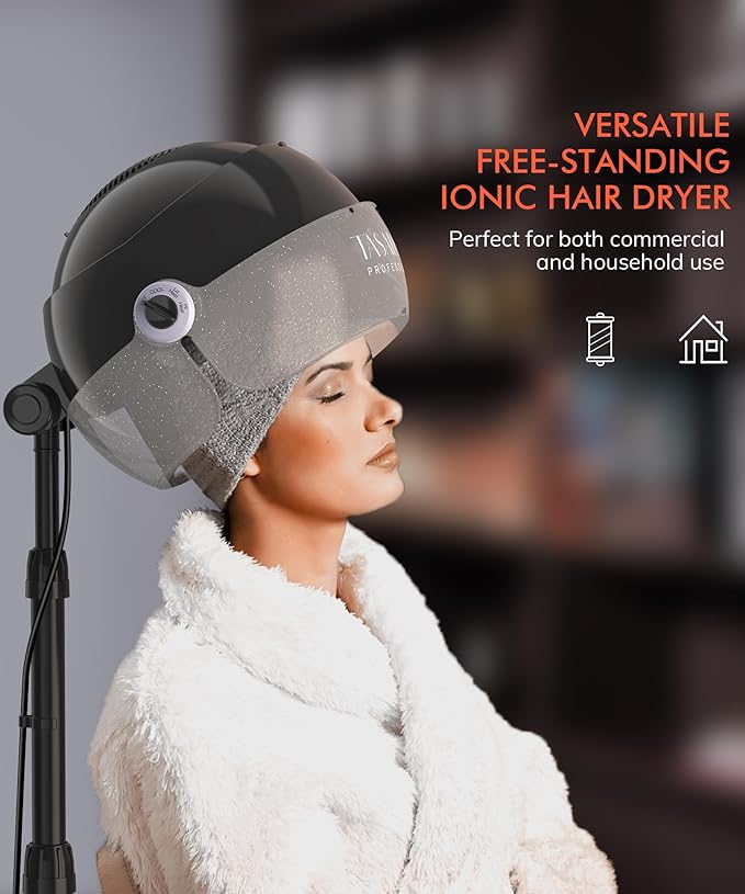 TASALON Ionic Hooded Hair Dryer - 1875W Bonnet Dryer with 3 Temperature Settings - Portable Standing Dryer for Home and Salon