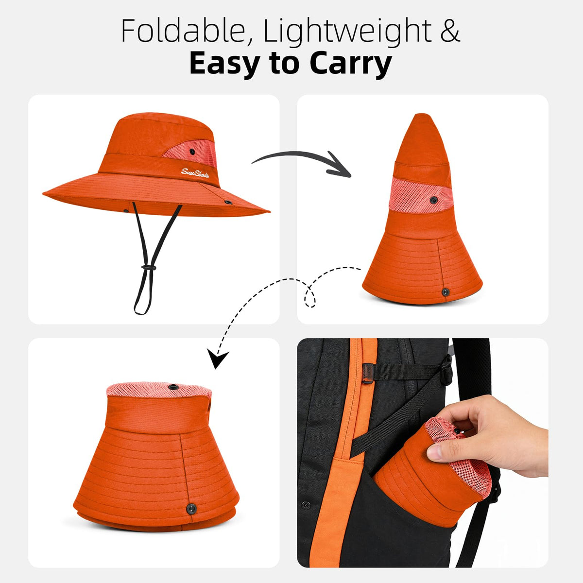 Ponytail Sun Bucket Hats for Women UV Protection Foldable Wide Brim (1 Pack-pure Orange)