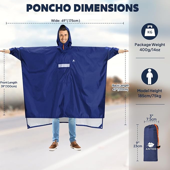 ANYOO Hooded Rain Poncho for Adults Waterproof Lightweight Rain Coat for Men - Image 2