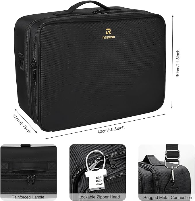Relavel Extra Large Makeup Case with Plastic Dividers Washable and Easy to Clean, Travel Makeup Train Case Professional Makeup Artist Bag Portable Nail Organizer Box Art Supply Case (Black)
