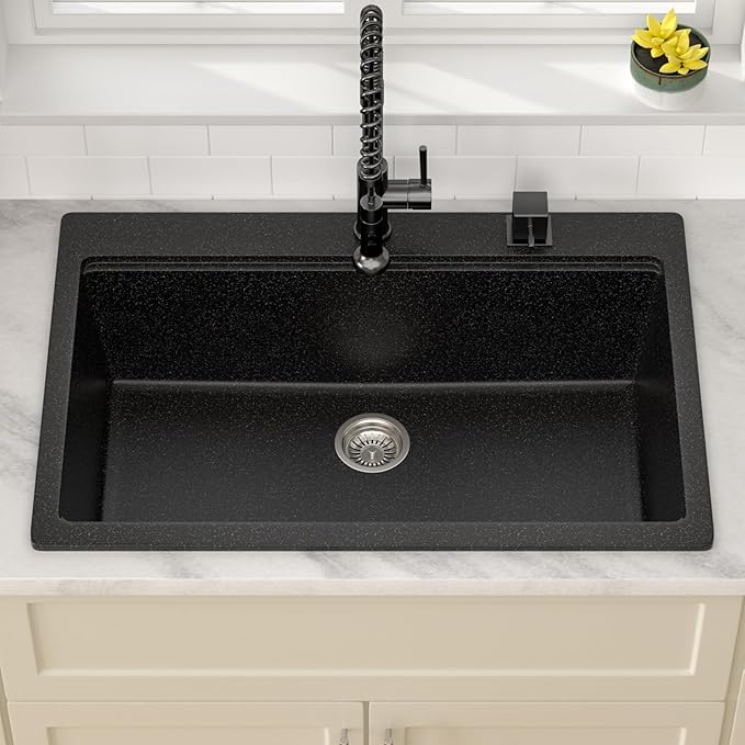 Dcolora 33x22 Drop In Kitchen Sink Black, Granite Composite Black Kitchen Sink - Image 3