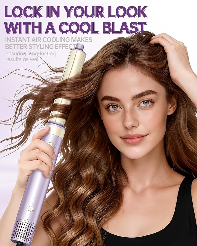Hair Dryer Brush 8-in-1 Dual Voltage Hot Air Styler – Fast-Drying 110,000 RPM Ionic Blow Dryer with Straightener & Curler Attachments, Frizz-Free Volumizing Styler with Protective Hard Case-Purple