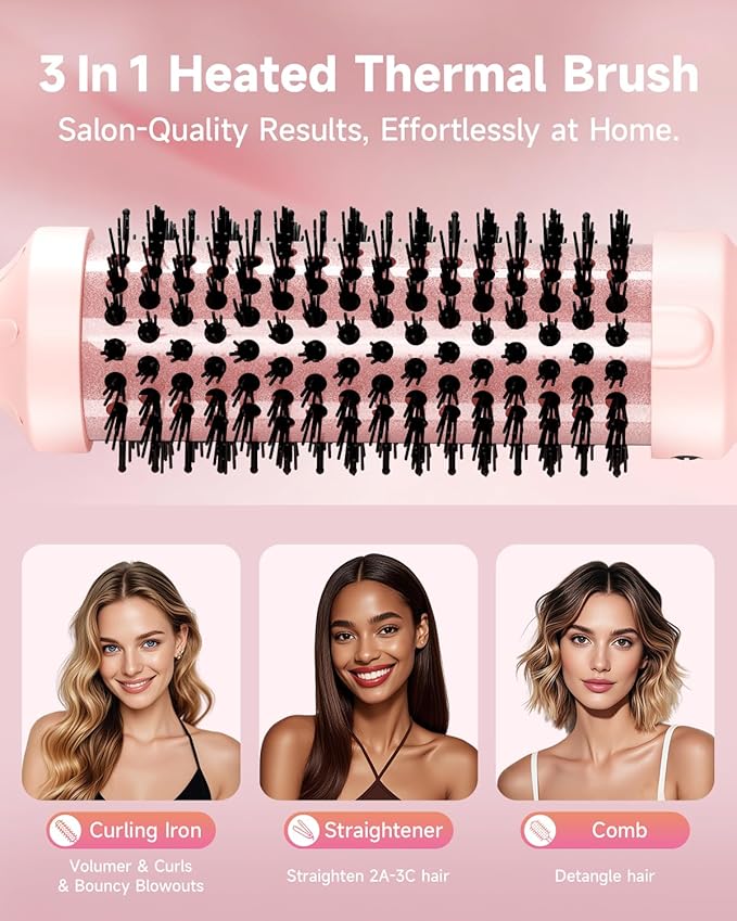 Thermal Brush, FLYZEMAA 1.5 Inch Heated Round Brush for Long Dry Hair, Heated Brushes Straightener with 3 Temp Settings, Blowout Brushes for Curling & Volumizing, Anti-Scald Nylon Bristles(Pink)