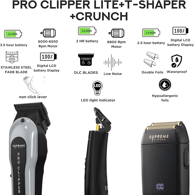 Supreme Trimmer 3-in-1 Barber Bundle | Pro Clipper Lite, DLC T-Shaper Trimmer & Crunch Foil Shaver | Professional Beard Trimmer Men’s Hair Clipper Kit | Black Lite Bundle